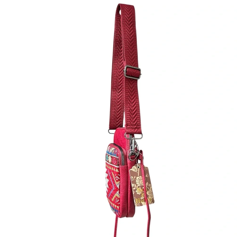 Bohemian Red Woven Patterned Cell Phone Crossbody Bag